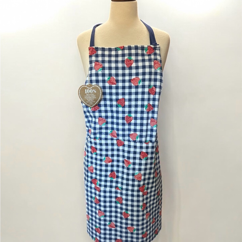 Martha Stewart Blue and White Checkered Apron with Red Strawberries